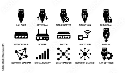 Network connection icons: lan, router, data transfer, signal quality, network sharing