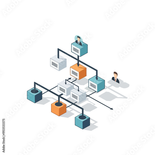 Isometric illustration of a hierarchical organizational structure with connected boxes and human figures representing roles.