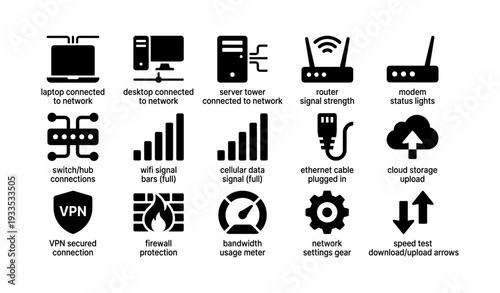 Network device icons: router, server, vpn, ethernet, cloud storage