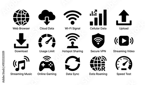 Digital connectivity icons: web, cloud, wi-fi, cellular, vpn, streaming, gaming