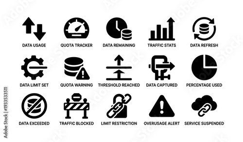 Data usage icons set: quota tracker, limit set, traffic stats, warning signs