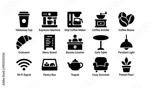 Coffee shop icons set featuring equipment, food, and decor elements