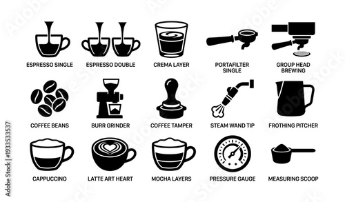 Coffee equipment and techniques icons with espresso, frothing, and brewing tools