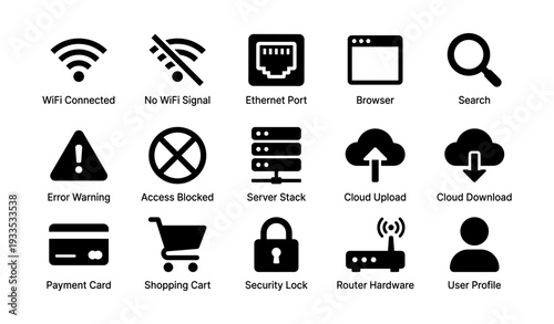 Technology and network icons: connectivity, security, upload, download, error