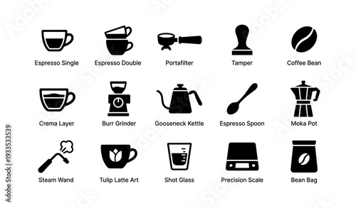 Coffee equipment icons: espresso, tamper, moka, kettle, grinder