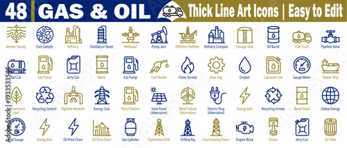 Gas and oil line art icons set. Featuring drilling rig, refinery, pump jack, fuel nozzle, and tanker ship symbols for energy industry production, power, and logistics vector illustration.