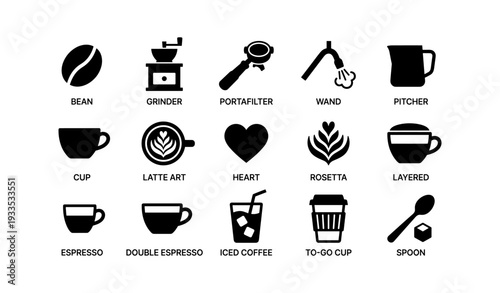 Icons of coffee: espresso, grinder, latte art, iced coffee, cup, spoon