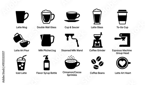 Coffee essentials: mugs, glasses, grinders, and accessories icons set
