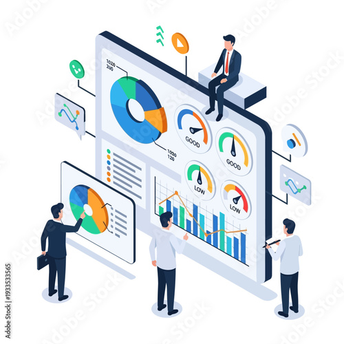 Business analytics team collaborating on a dashboard with charts, graphs, and performance indicators, illustrating data analysis and strategic planning.