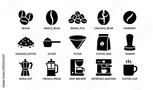 Coffee icons collection: beans, brewing tools, and accessories set