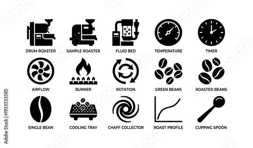 Coffee roasting icons: equipment and process symbols for roasters
