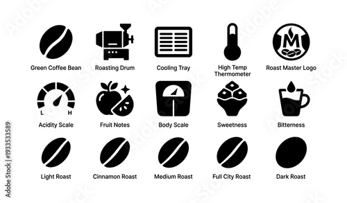 Coffee roasting icons: beans, equipment, roast levels, tasting notes
