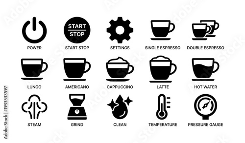 Coffee machine control icons: power, settings, espresso, steam, cleaning, temperature