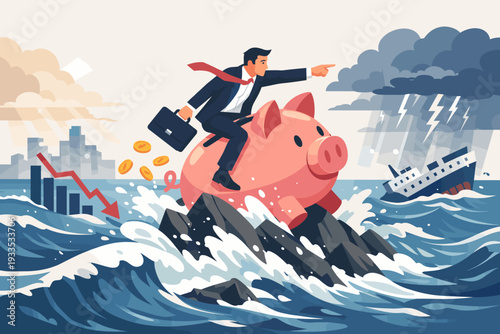 Businessman Riding a Piggy Bank Through Stormy Ocean Waves During Financial Crisis, Navigating Economic Downturn with Savings and Investment, Sinking Ship and Falling Stock Market Graph Background