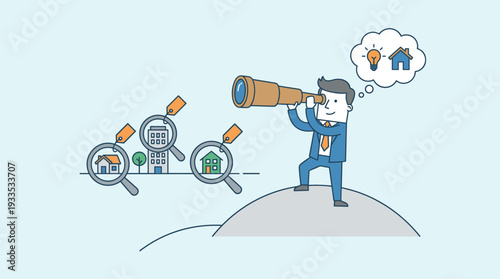 Businessman using a telescope to search for real estate properties like houses and office buildings with price tags and magnifying glasses. Concept of market analysis and property investment.