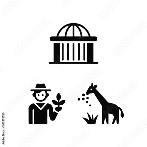 Iconic depiction of a zoo with a zookeeper and a giraffe eating.