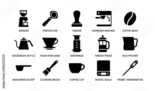 Coffee brewing equipment icons: grinder, espresso machine, french press