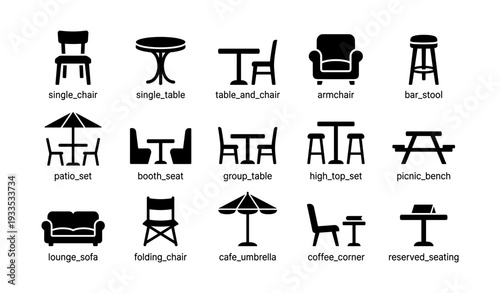 Furniture icons of various chairs and tables