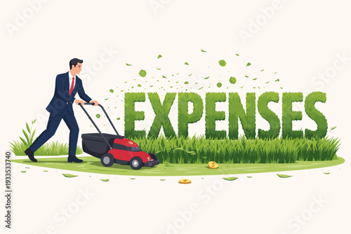 Businessman in a Suit Using a Lawnmower to Trim the Word Expenses Made of Grass, Conceptual Illustration for Cutting Business Costs, Reducing Spending, Financial Management, and Saving Money.