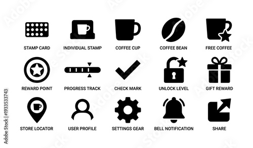 Coffee loyalty icons - stamp, cup, bean, reward, unlock, notification, share