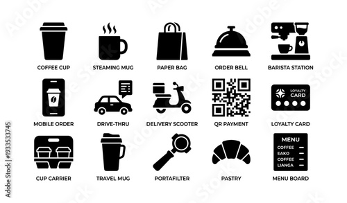 Coffee shop icons: cup, mug, bag, bell, barista, mobile, drive-thru, scooter, qr, loyalty