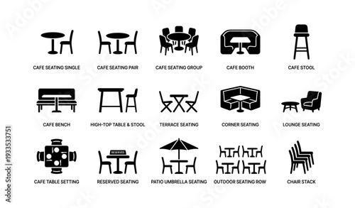 Various cafe seating options: tables, chairs, benches, stools, outdoor designs