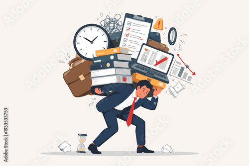 Overwhelmed Businessman Carrying Heavy Burden of Work Responsibilities, Deadlines, and Stressful Tasks on His Back, Illustrating Professional Burnout, Pressure, and Exhaustion in the Workplace.