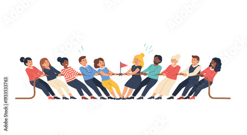 A diverse group of twelve cartoon-style individuals, six on each side, are engaged in a strenuous tug-of-war contest on a white background.