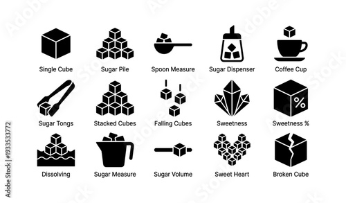 Icons of sugar: cubes, spoons, and dispensers in various forms and measurements