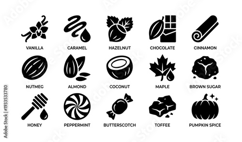 Collection of dessert ingredient icons: vanilla, caramel, hazelnut, chocolate