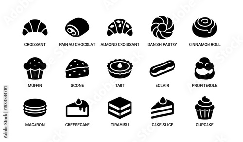 Assorted bakery icons: croissant, danish pastry, muffin, macaron, cupcake