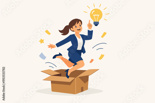 Happy Businesswoman Jumping Out of a Box with a Bright Light Bulb Idea, Representing Creative Thinking, Innovation, Problem Solving, and Success in a Simple Flat Vector Illustration Style.