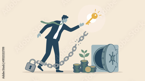 Businessman Breaking Chains of Debt to Reach Golden Key for Financial Freedom, Concept of Loan Payoff, Wealth Growth with Savings and Safe, Economic Recovery and Solving Financial Problems