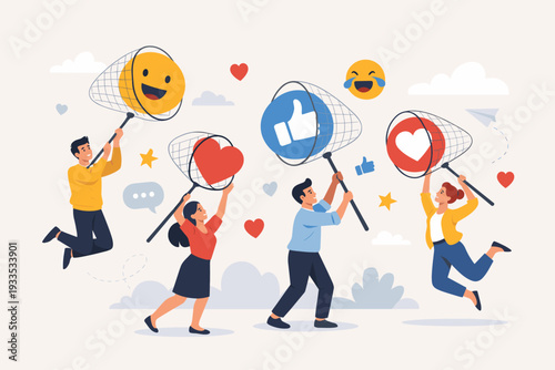 Social media marketing concept with a business team catching positive reactions like hearts, thumbs up, and smiling emojis in nets, representing digital engagement and brand awareness strategy.