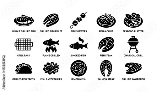 Barbecue and seafood icons: grilled fish, skewers, and more