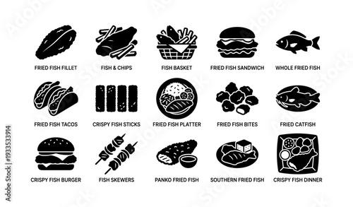 Variety of fried fish dishes: tacos, sandwiches, skewers, and platters