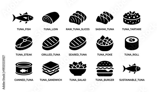 Various tuna dishes and preparation types illustrated in icons