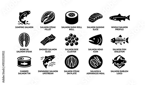 Salmon icon set featuring fillets, sushi rolls, steaks, and logos