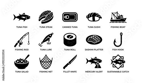 Tuna fish icons collection: sushi, fishing gear, and sustainability symbols