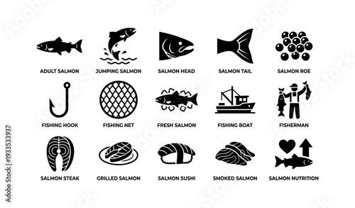 Salmon icons: fishing, cooking, nutrition - vector set