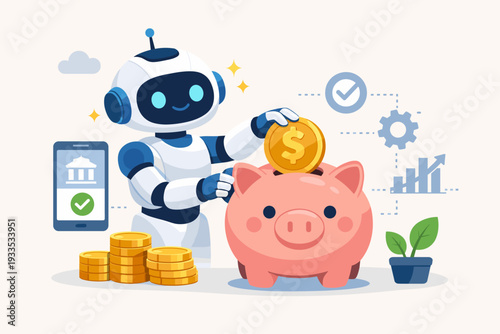 Artificial intelligence robot putting gold coin into piggy bank for financial savings and investment concept, smart automated banking system with mobile app, data analysis, and wealth growth