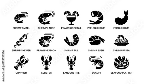 Seafood icons: shrimp, lobster, and crayfish in black silhouettes