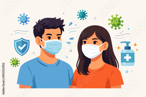 Young Man and Woman Wearing Protective Face Masks for Prevention Against Coronavirus Disease Outbreak, COVID-19 Safety Measures with Hand Sanitizer and Shield Icons, Flat Vector Illustration
