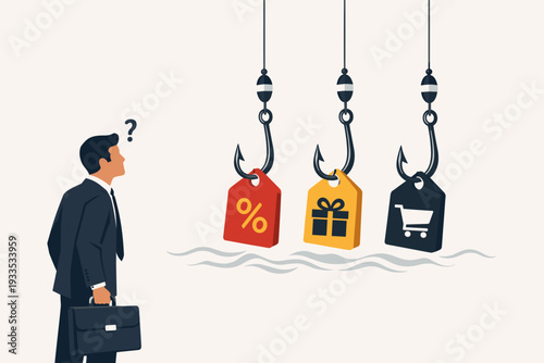 Businessman Looking at Fishing Hooks with Sale Tags as Bait, Concept of Marketing Traps, Consumer Deception, Discount Offers, Gift Promotions and Shopping Lures in Business Strategy Illustration.