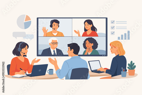 Business team having a video conference meeting in a modern office workspace. Colleagues collaborating remotely via online call on a large screen. Professional communication and digital teamwork.