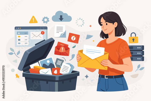 Woman Deleting Digital Data and Moving Unnecessary Files to Trash Bin, Cleaning Digital Memory, Organizing Email Inbox, Managing Storage Space, and Decluttering Computer Files Illustration.