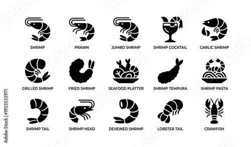 Icon set of shrimp dishes and types for menu design