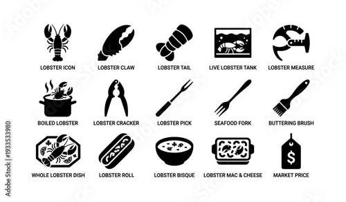 Lobster icons set: claw, tank, boiled, cracker, seafood fork, buttering brush, lobster roll