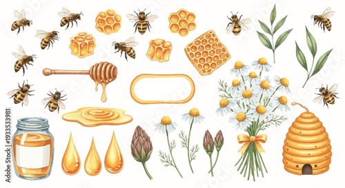 Watercolor illustration of bees beehive honey and floral elements