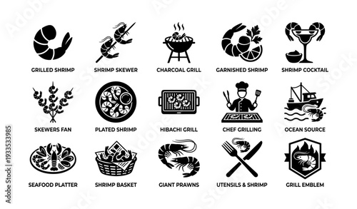 Variety of shrimp and grilling icons featuring seafood dishes and cooking tools